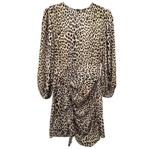 Maje Clair Leopard Print Ruffle Mini Dress Long Sleeve Animal Print Crepe XS NWT - Picture 4 of 14